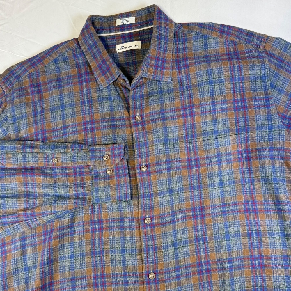 Peter Millar Flannel Shirt Men's Size XL‎ Purple Blue Plaid Cotton Long Sleeve